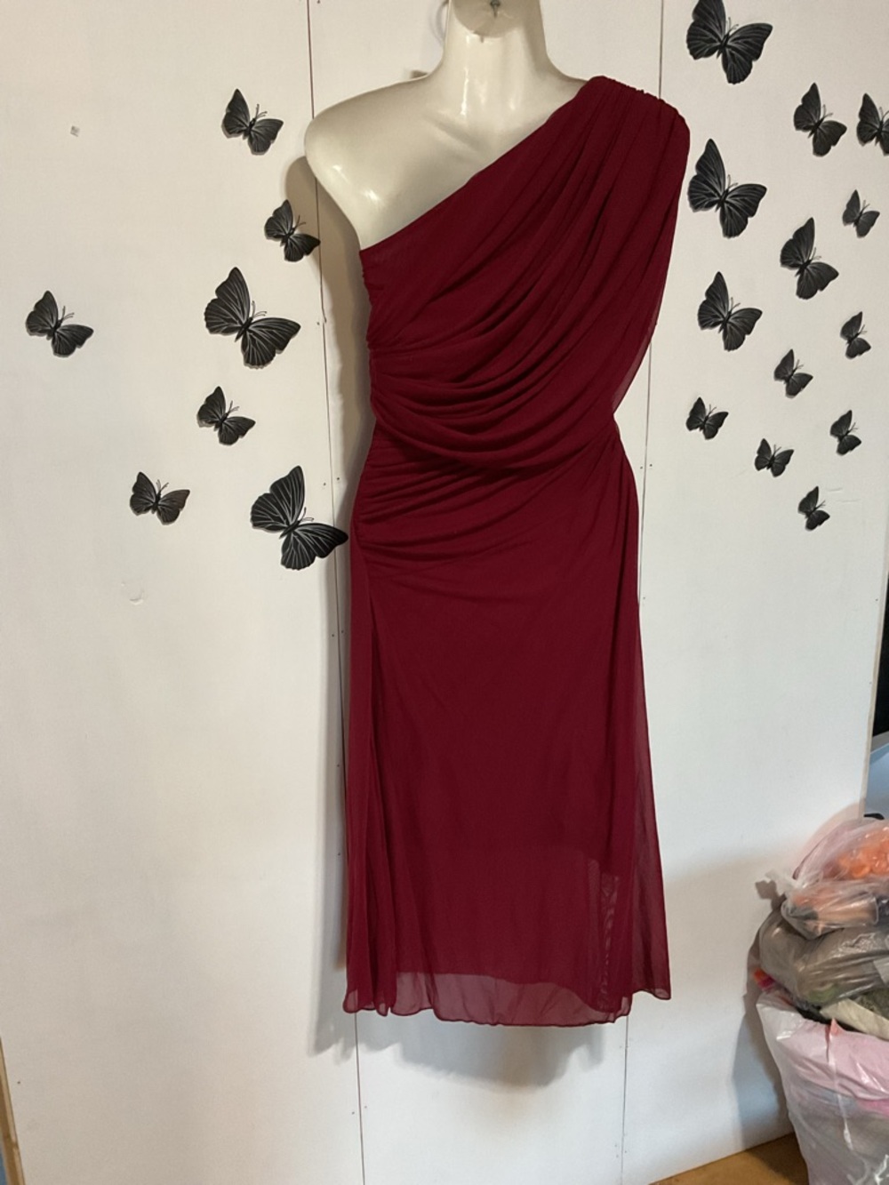 One-Shoulder Draped Midi Dress in Wine